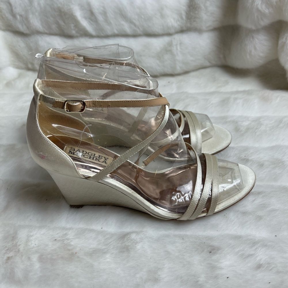 Bradley Mischka Satin Beige wedge ankle strap sandals size 7.5
